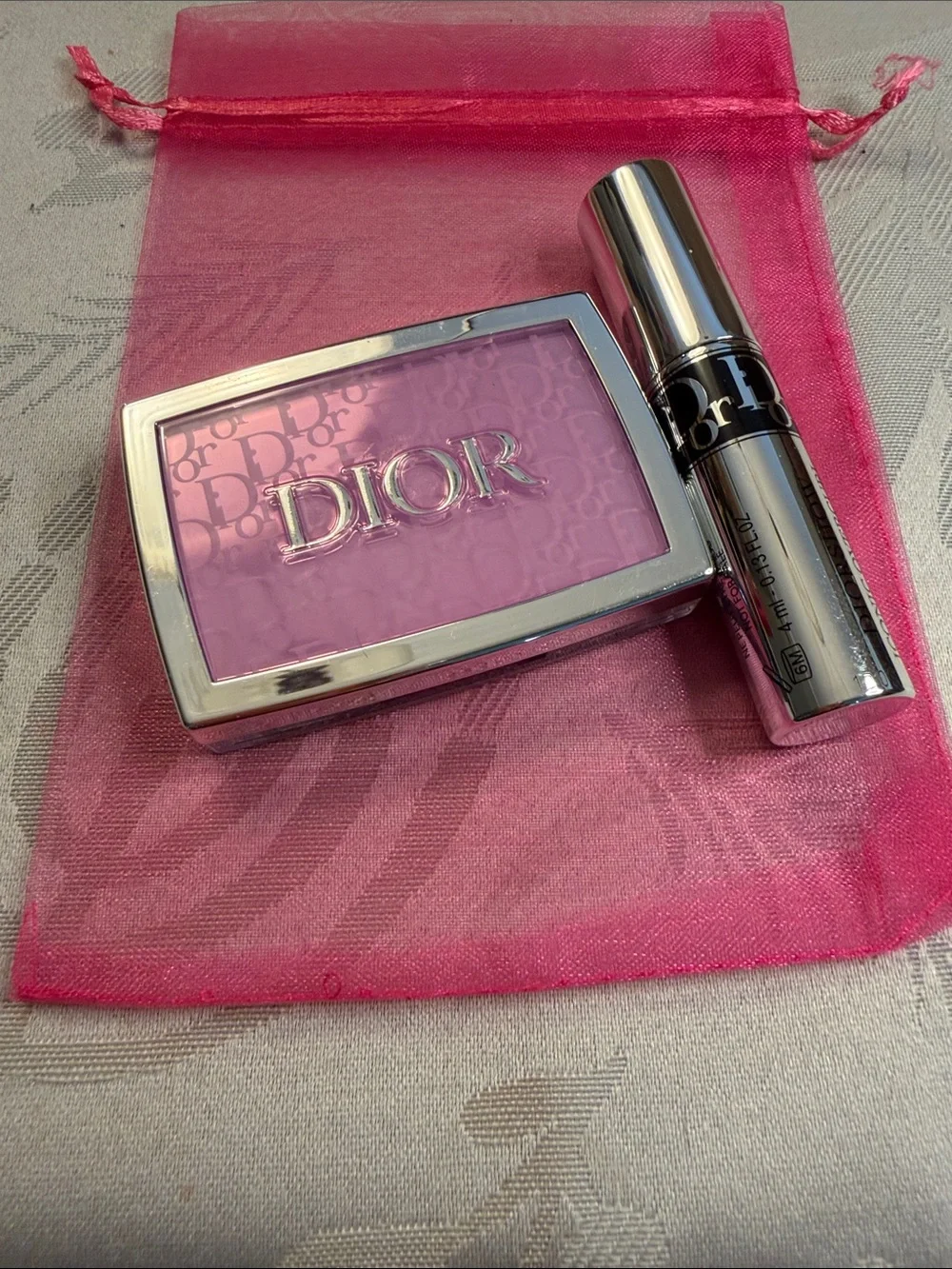 Dior Pink Blush Compact with Silver Lipstick Case